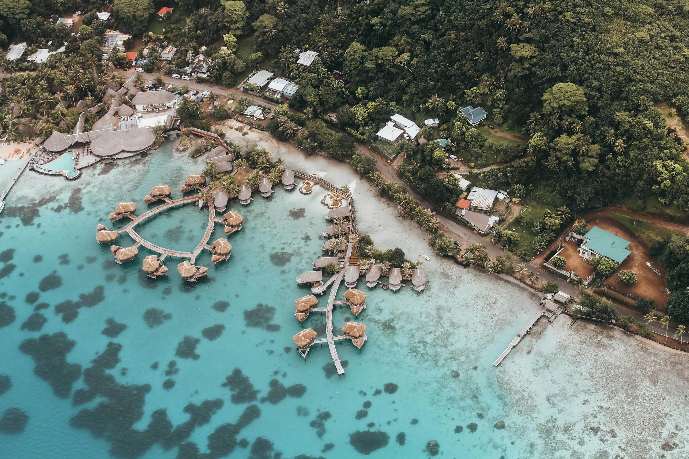 Romantic overwater bungalow in Bora Bora at sunset